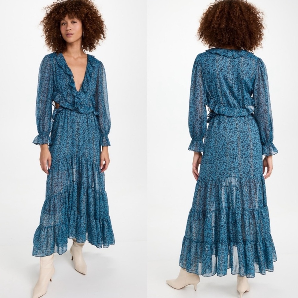 MISA Los Angeles Amelia Maxi Dress Cut-Out Ruffled Cerulean Ditzy Small - Picture 2 of 15